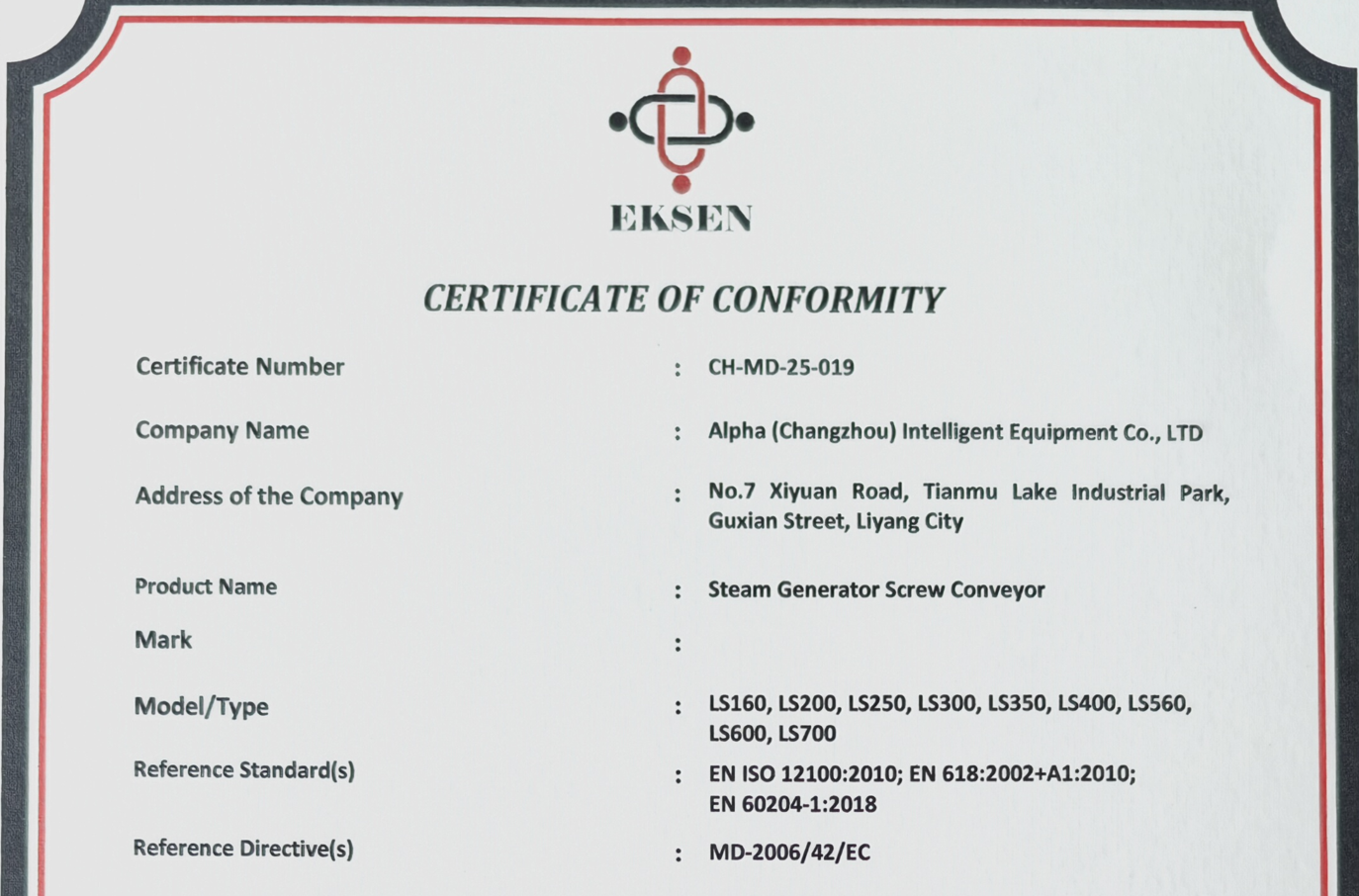 STEAM GENERATOR SCREW CONVEYOR CE CERTIFICATION