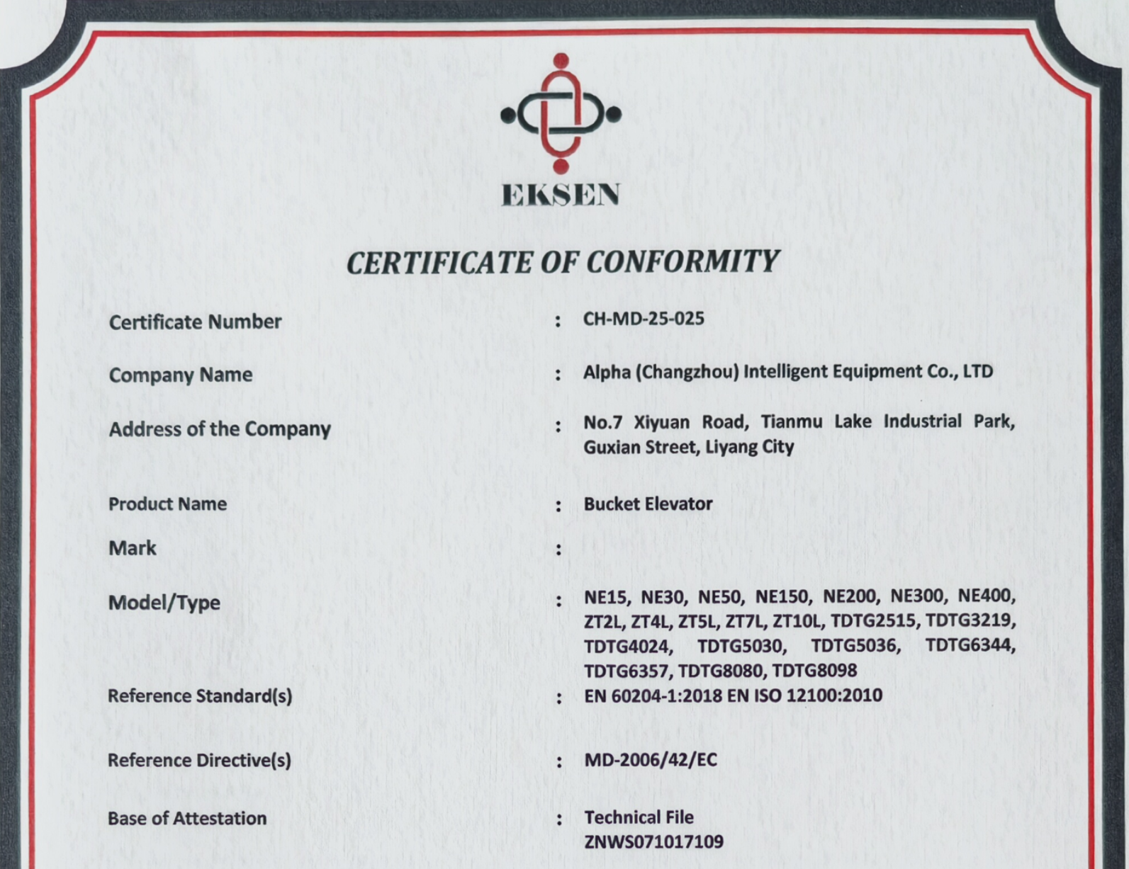 ELEVATOR CE CERTIFICATE