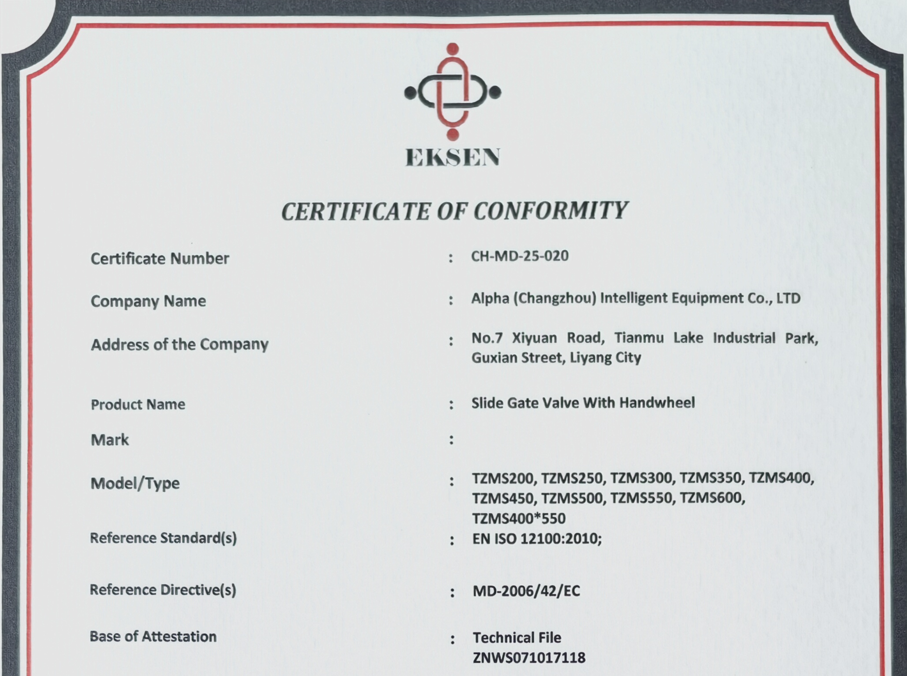 SLIDE GATE CE CERTIFICATION